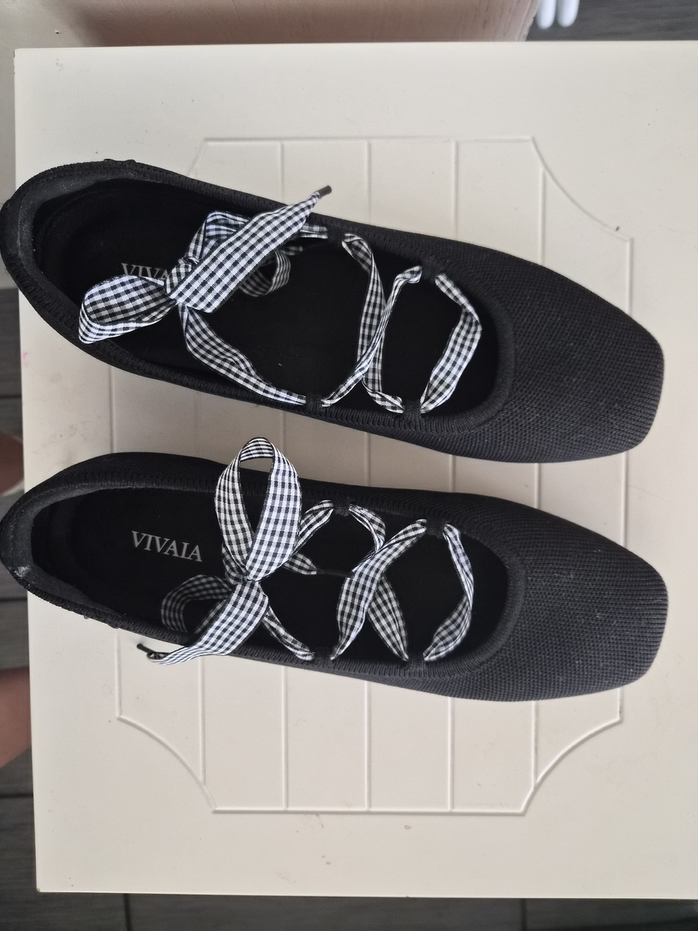 Vivaia Black Ballet Flats with Gingham Ribbon Laces